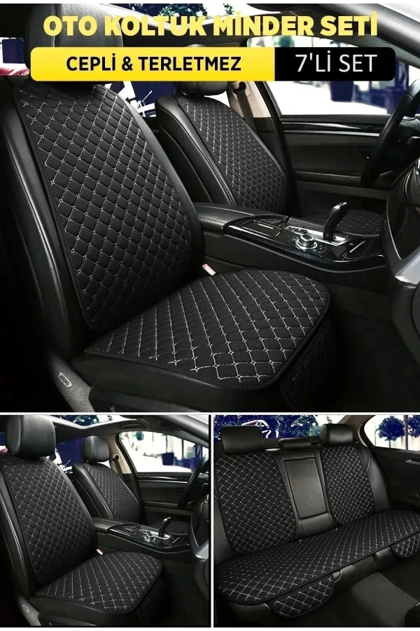 Audi Q7 Uyumlu Terletmez Kumaş Minder Seti 7 Parça Full Takım siyah-beyaz
