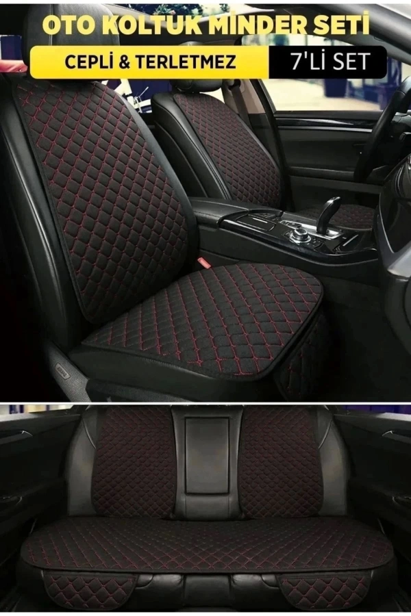 Bmw İ3 Uyumlu  Terletmez Kumaş Minder Seti 7 Parça Full Takım siyah-kırmızı