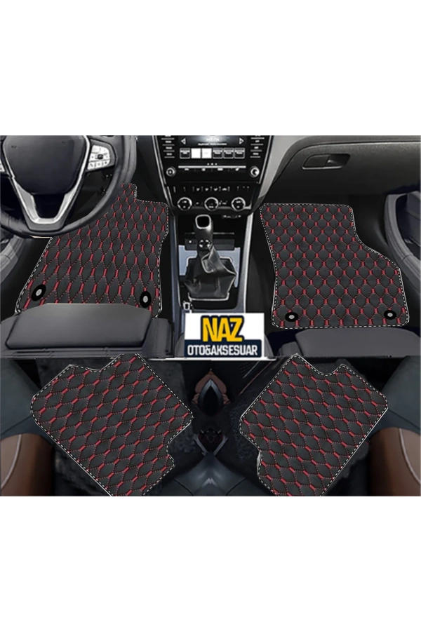 HYUNDAİ Veloster 2011 - 2017  Uyumlu Kırmızı Dikişli Siyah Deri Paspas