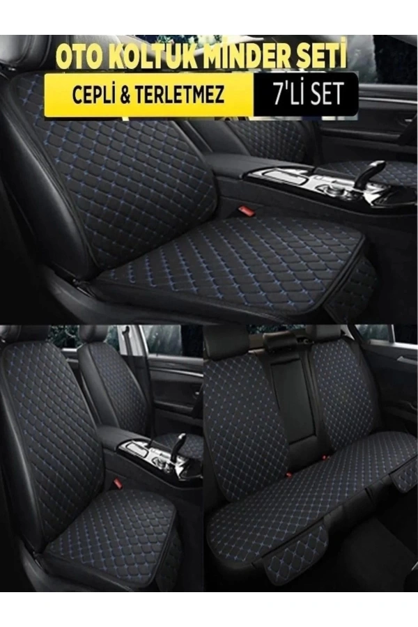 Mini Min Terletmez Kumaş 7 Parça Full Takım siyah-mavi tüm yerli ve yabancı araçlara uyumludur