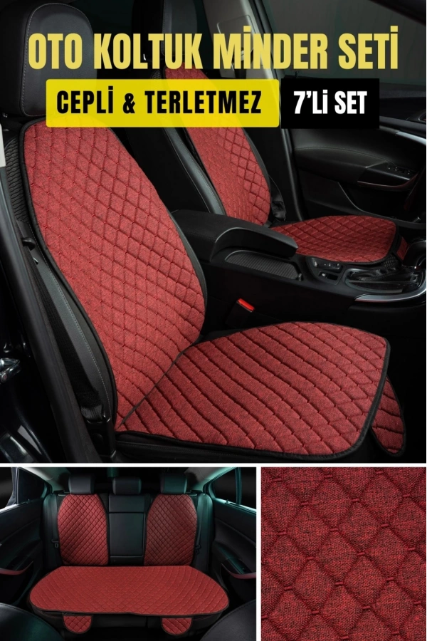 MİTSUBİSHİ colt-2004-2009-tkmTerletmez Kaymaz Keten Oto Minder Kılıf Komple Set(7Parça) Kırmızı