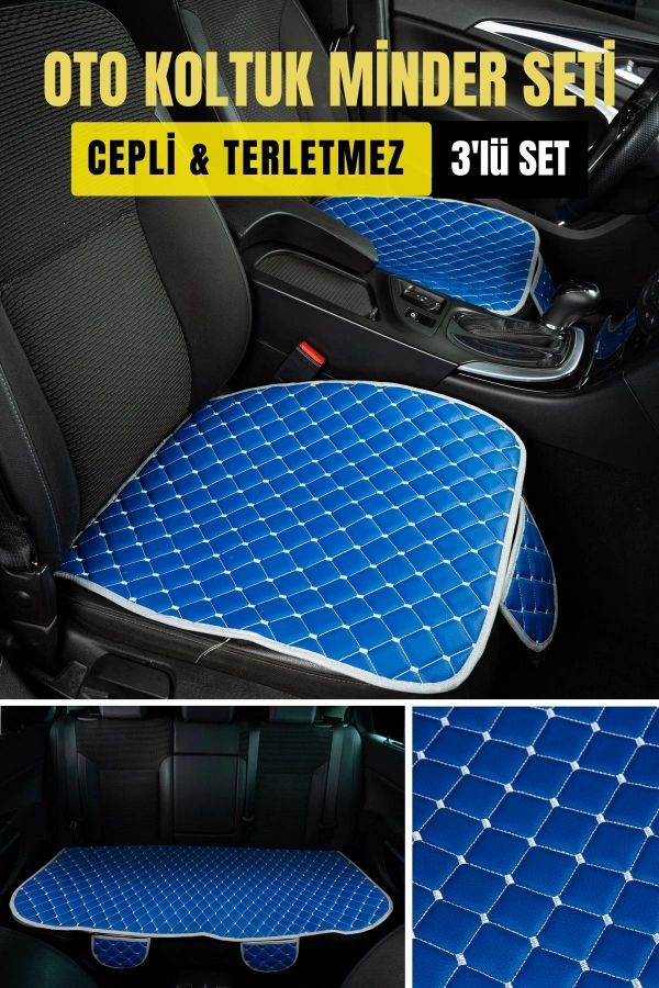 Opel Corsa Deri Silinebilir Cepli Oto Kılıf-Minder Oturak Seti (3 parça) Mavi