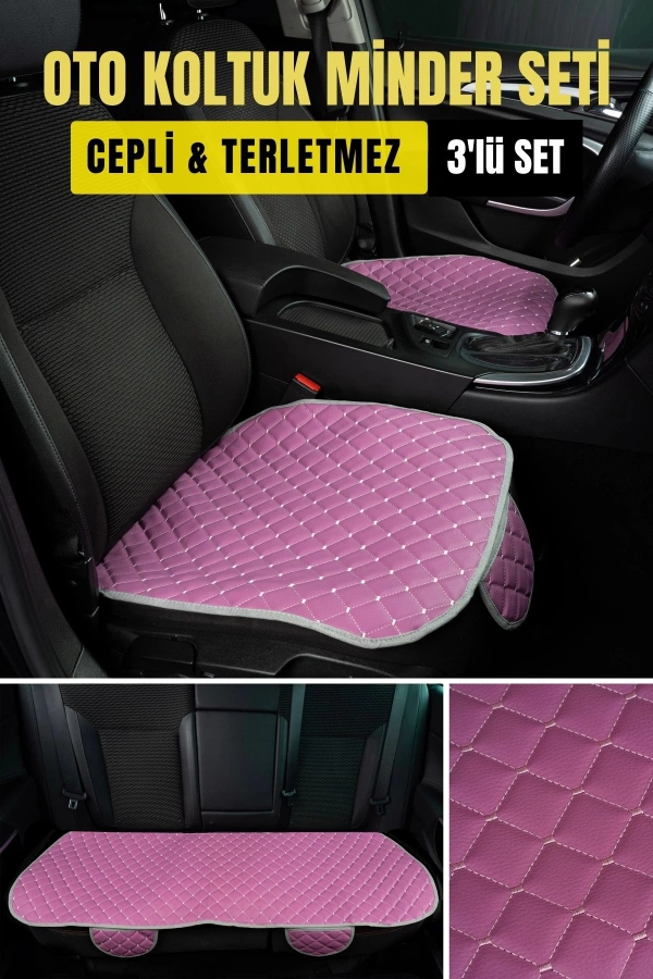 Opel Corsa Deri Silinebilir Cepli Oto Kılıf-Minder Oturak Seti (3 parça) Pembe