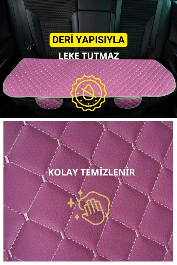 Opel Corsa Deri Silinebilir Cepli Oto Kılıf-Minder Oturak Seti (3 parça) Pembe