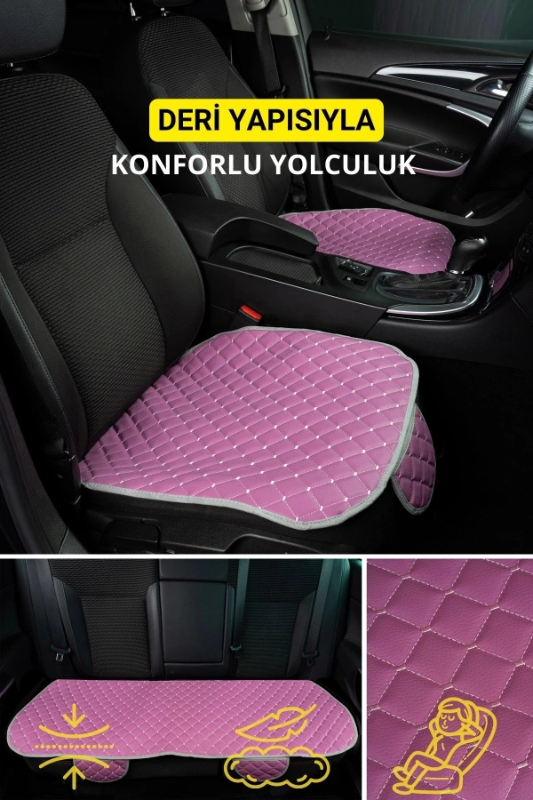 Opel Corsa Deri Silinebilir Cepli Oto Kılıf-Minder Oturak Seti (3 parça) Pembe