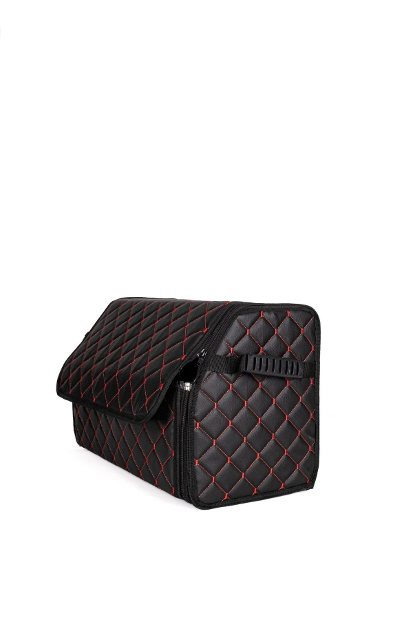 Oto Bagaj Organizeri Kapitone Deri Çanta Kırmızı Dikişli Siyah