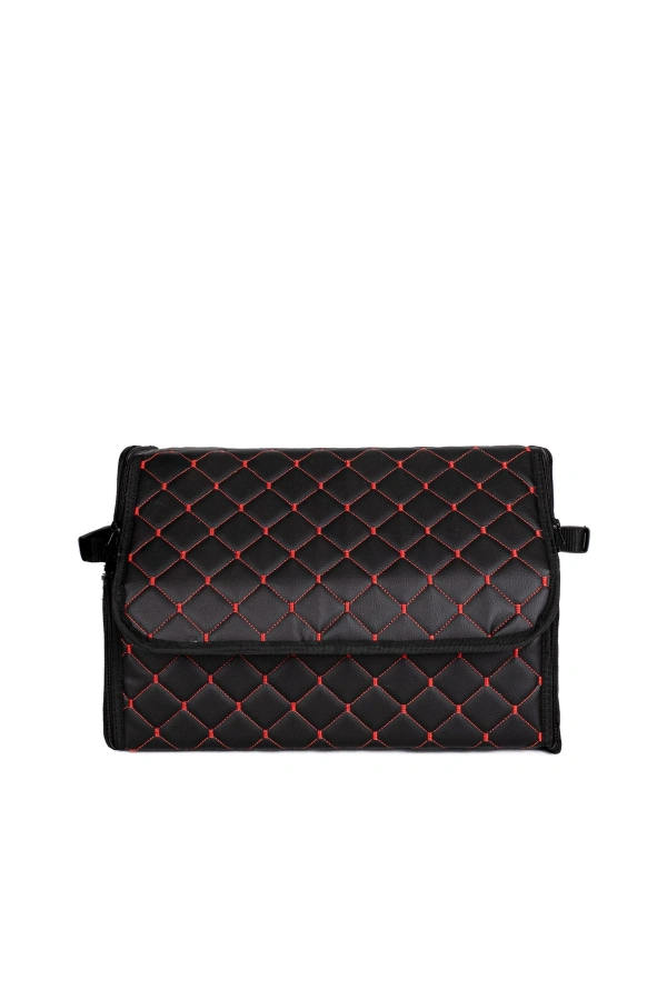 Oto Bagaj Organizeri Kapitone Deri Çanta Kırmızı Dikişli Siyah