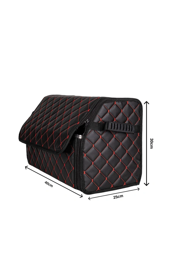 Oto Bagaj Organizeri Kapitone Deri Çanta Kırmızı Dikişli Siyah