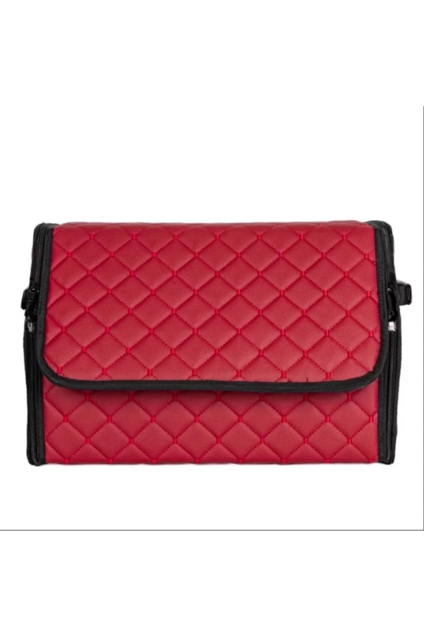 Oto Bagaj Organizeri Kapitone Deri Çanta Kırmızı Renk