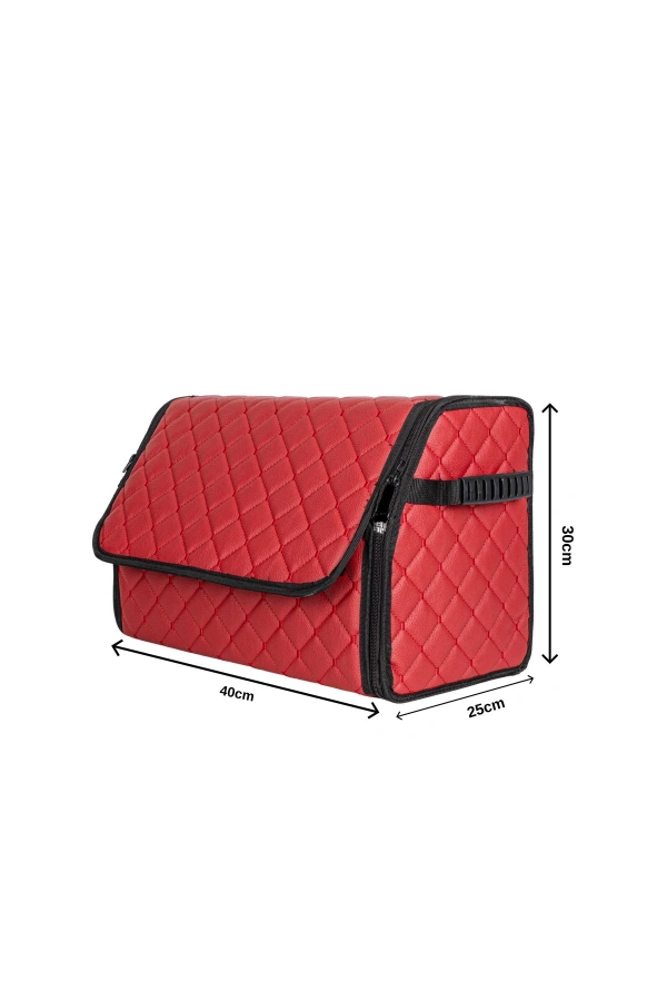 Oto Bagaj Organizeri Kapitone Deri Çanta Kırmızı Renk