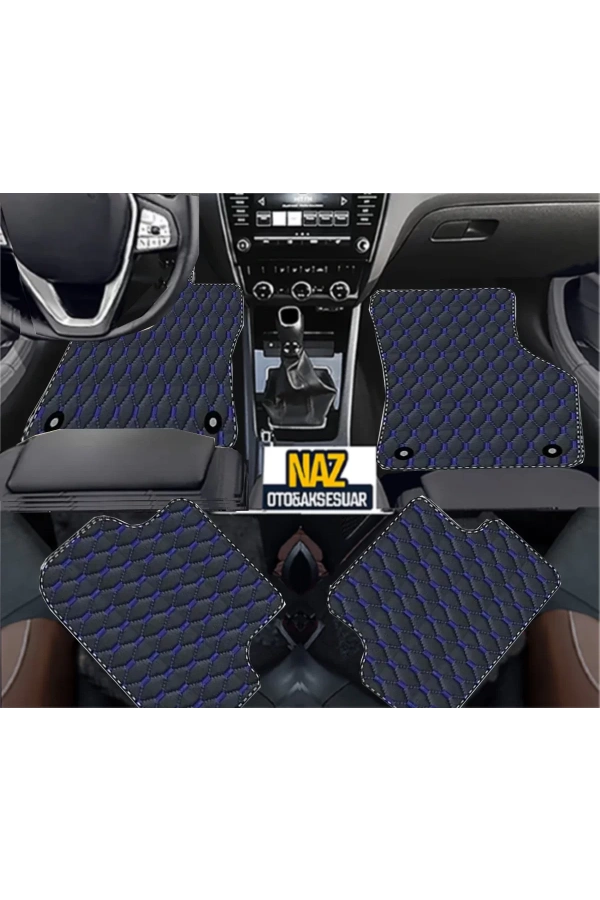 Volvo XC90 2015 Sonrası Uyumlu Mavi Dikişli Siyah Deri Paspas