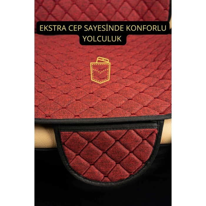 CİTROEN c5-2001-2007-tkmTerletmez Kaymaz Keten Oto Minder Kılıf Komple Set(7Parça) Kırmızı