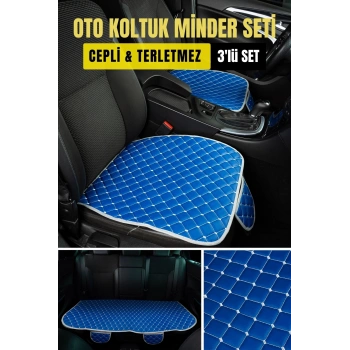 Opel Corsa Deri Silinebilir Cepli Oto Kılıf-Minder Oturak Seti (3 parça) Mavi