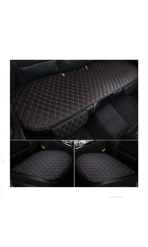 Araba Koltuk Minderi Ön ve Arka Takım 3 Parca Koltuk Deri Minder Siyah Deri-Turuncu Nakış