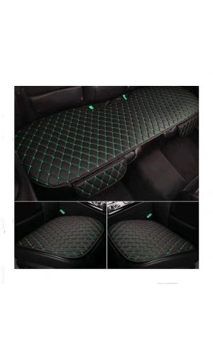 Araba Koltuk Minderi Ön ve Arka Takım 3 parca Koltuk Deri Minder Siyah Deri- Yeşil Nakış