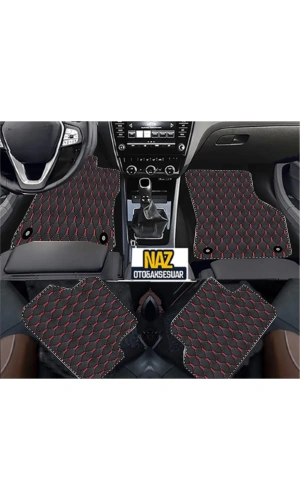 FORD ECOSPORT 2016 + Uyumlu Kırmızı Dikişli Siyah Deri Paspas