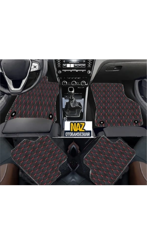 Audi Q7 -2006-2015-tkm Uyumlu Kırmızı Dikişli Siyah Deri Paspas