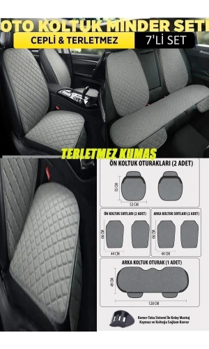 Citroen C3 Terletmez Kumaş Minder Seti 7 Parça Ön Ve Arka Oturak Sırt Dayama Minder Gri-Gri