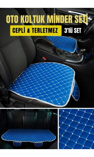 Opel Corsa Deri Silinebilir Cepli Oto Kılıf-Minder Oturak Seti (3 parça) Mavi
