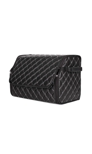 Oto Bagaj Organizeri Kapitone Deri Çanta Beyaz Dikişli Siyah