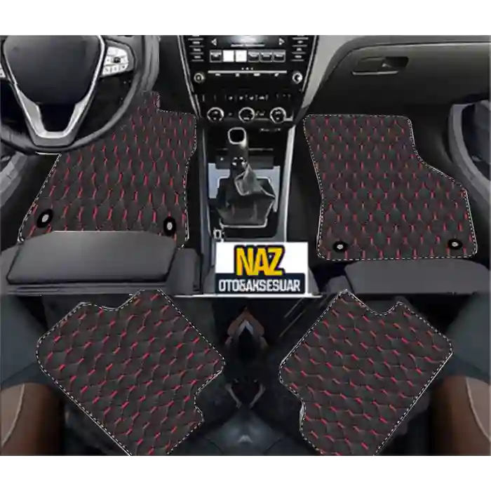 Audi A1 2010 - 2018 Uyumlu Kırmızı Dikişli Siyah Deri Paspas