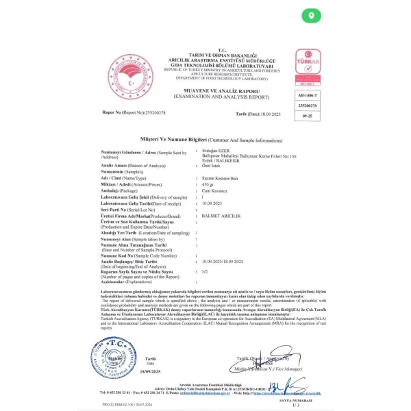 Kestane Balı 850 gr x 2 Adet Erdek Kapıdağ Ballıpınar Köyüden
