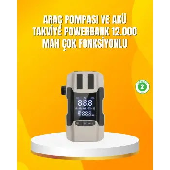 12.000 mAh Akü Takviye Powerbank Dahili Hava Pompalı Dijital Ekranlı