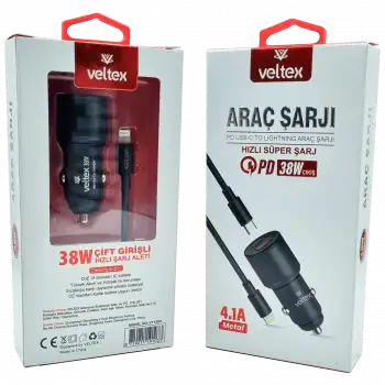 4.1A 38W PD To Lightning Metal Araç Şarj Aleti Veltex VTX-103