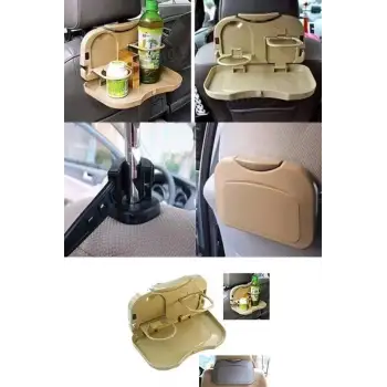 Araç İçi Koltuk Arkası Katlanabilir Bardak Tutuculu Bej Tepsi