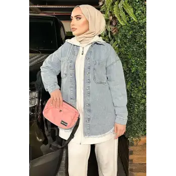 Açık Buz Mavi Kar Yıkama Püskül Detay Kot Ceket Oversize