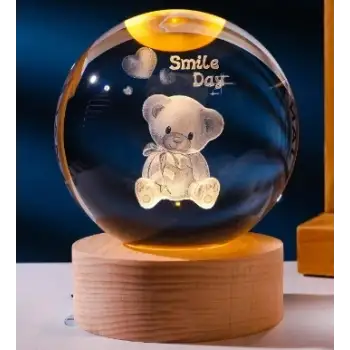 Dekoratif Ayıcık Tasarımlı Ahşap Altlıklı Işıklı Cam Küre Cam:6cm Ahşap:2cm