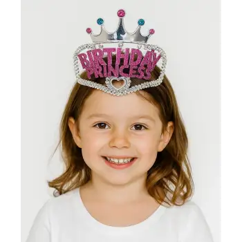 Gümüş Renk Pembe Birthday Princess Yazılı Çocuk Parti Tacı 11x12 cm