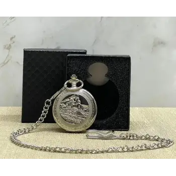 Özel Kutulu Tren Temali Gümüş Köstekli Saat Alk4675