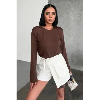 Rahat Ve Şık Uzun Kollu Bisiklet Yaka Likralı Viskon Penye Body Kahverengi