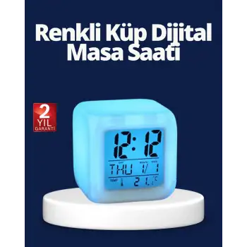 Renk Değiştiren LED Alarmlı Dijital Küp Masa Saati