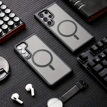 Samsung S23 Ultra – Kılıf Metal Tuşlu Sert PC Arka Yüzey Wireless Şarj Özellikli Flet Magsafe Kılıf