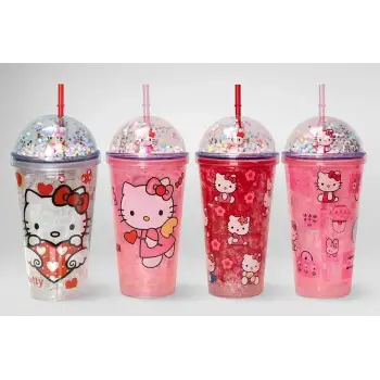 Sevimli Hello Kitty Işıklı Pipetli Boncuklu Suluk & Bardak 400 Ml Alk3145