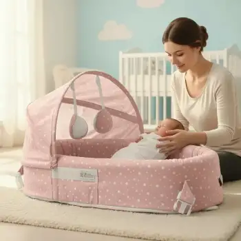 Taşınabilir Portatif Bebek Yatağı,Sırt Çantasına Dönüşebilen Portatif Bebek Beşiği (Pembe)