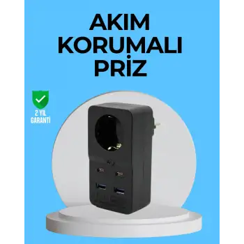 Termal Korumalı Priz Otomatik Çocuk Kilidi 4 USB Type C