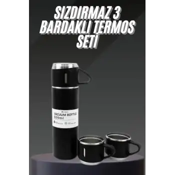 Termos Seti Paslanmaz Çelik 3 Bardaklı Vakumlu Termos Set 500 Ml 12 Saate Kadar Isı Koruma