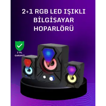 USB Bağlantılı RGB 2.1 Hoparlör Seti Derin Bas ve Renkli Işık