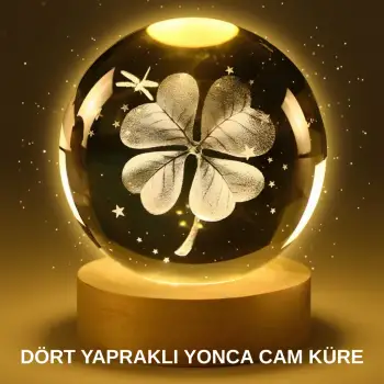 Yonca Bitki Figürlü LED Işıklı Cam Küre USB Ahşap Standlı Gece Lambası
