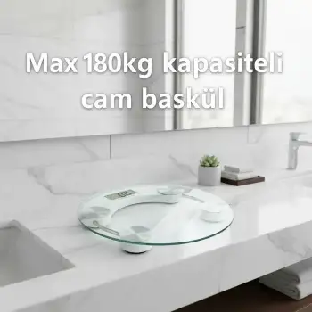 Yuvarlak Şeffaf Dijital Cam Baskül Tartı – 180 Kg Taşıma Kapasitesi, Hassas Ölçüm, Şık Tasarım Terazi