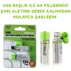 USB Şarjlı 1450mAh AA 1.2V Lityum Kalem Pil 2’li Set Dönüşümlü Batarya
