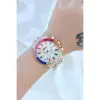 Clariss Trend Rose Metal Kordonlu Zirkon Taş Kaplama Renkli Taşlı Kasa Tasarımlı Lüx Kadın Kol Saati