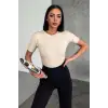 Rahat Ve Şık Kısa Kollu Bisiklet Yaka Likralı Viskon Penye Body Bej