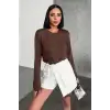Rahat Ve Şık Uzun Kollu Bisiklet Yaka Likralı Viskon Penye Body Kahverengi
