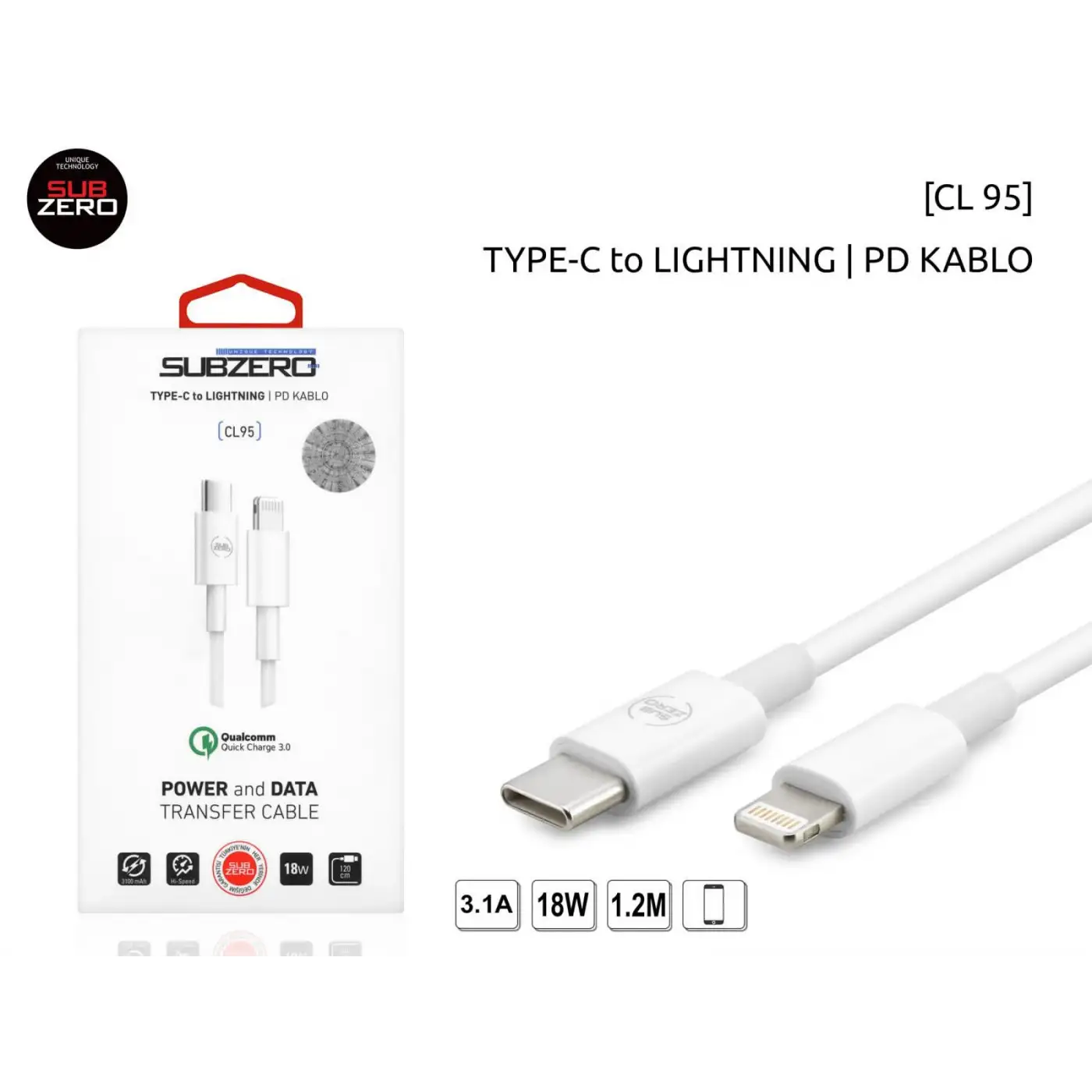 (TYPE-C To Lightning PD Kablu) 18W 3.1A 1.2 Metre Subzero CL95
