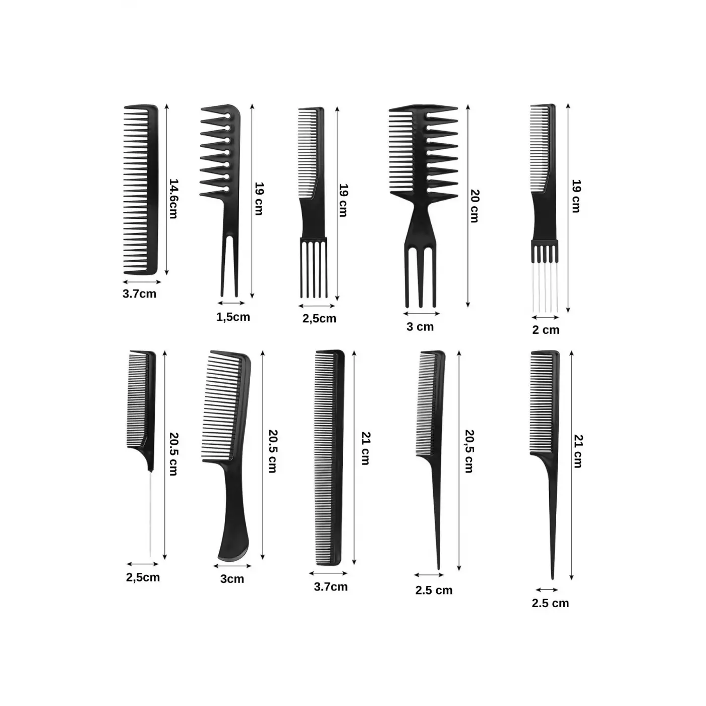 10 Parça Profesyonel Kuaför Tarak Seti - Saç Kesim, Ayırma, Şekillendirme ve Fön Tarağı