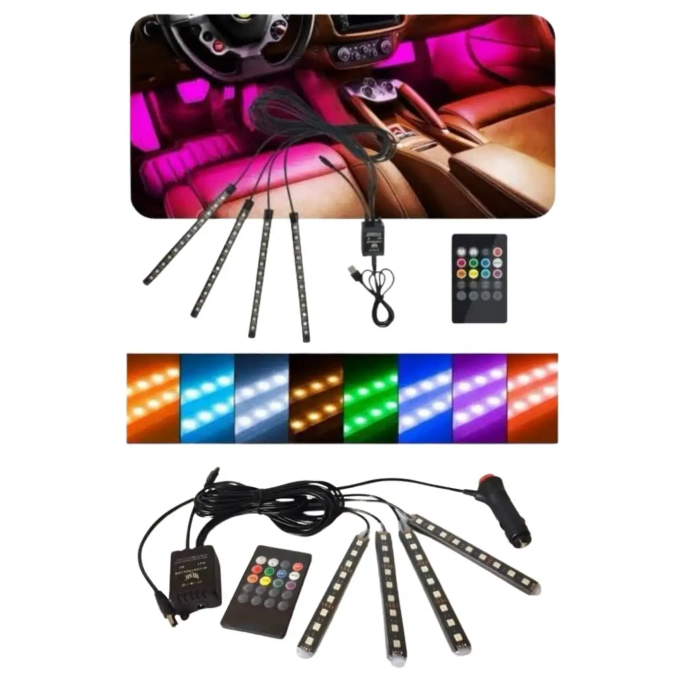 12 Ledli RGB Işıklı Araç Içi Ayak Altı Led Oto Ampul Kumandalı 7 Renk